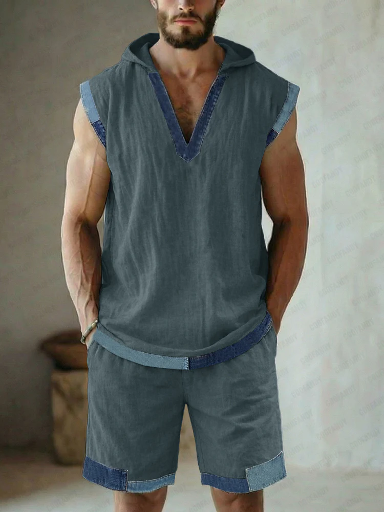 Street Style Denim Patchwork Tank Top and Shorts Set