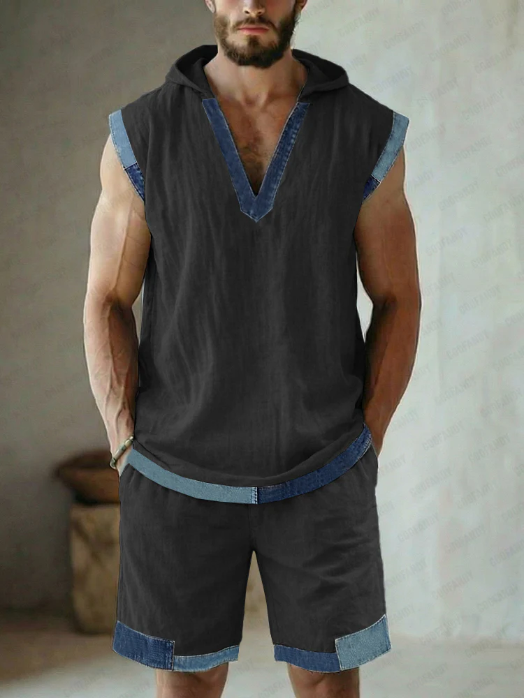 Street Style Denim Patchwork Tank Top and Shorts Set - Image 2