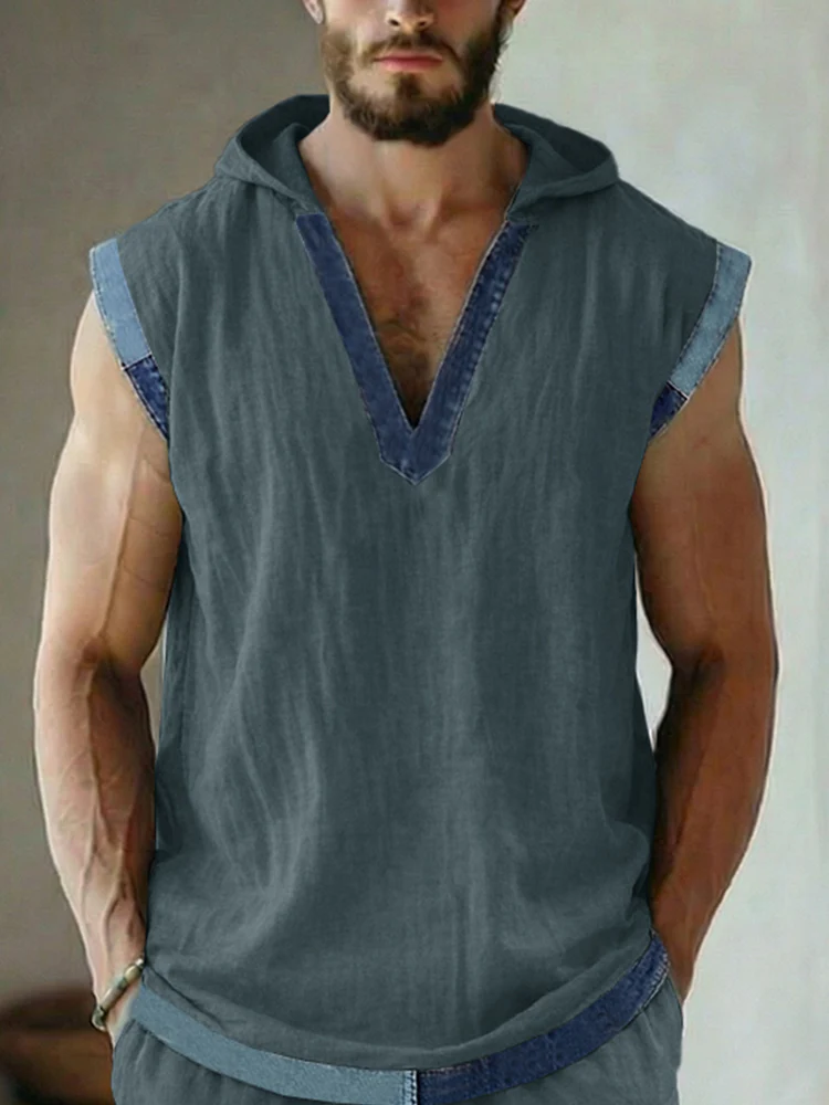 Street Style Denim Patchwork Tank Top and Shorts Set - Image 3
