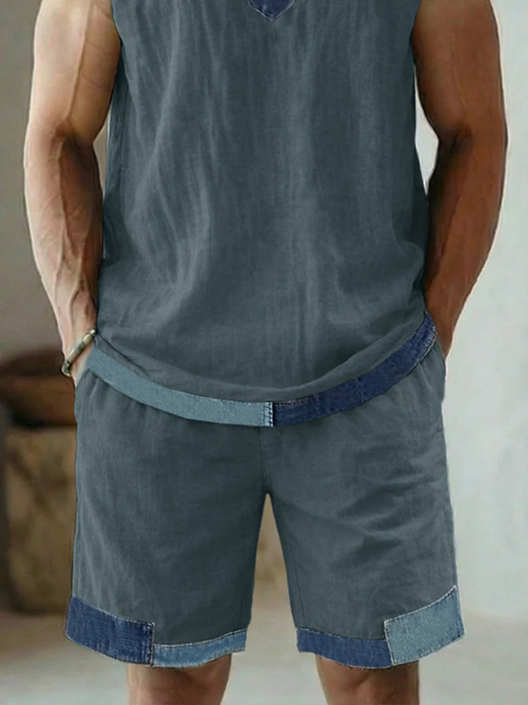 Street Style Denim Patchwork Tank Top and Shorts Set - Image 4