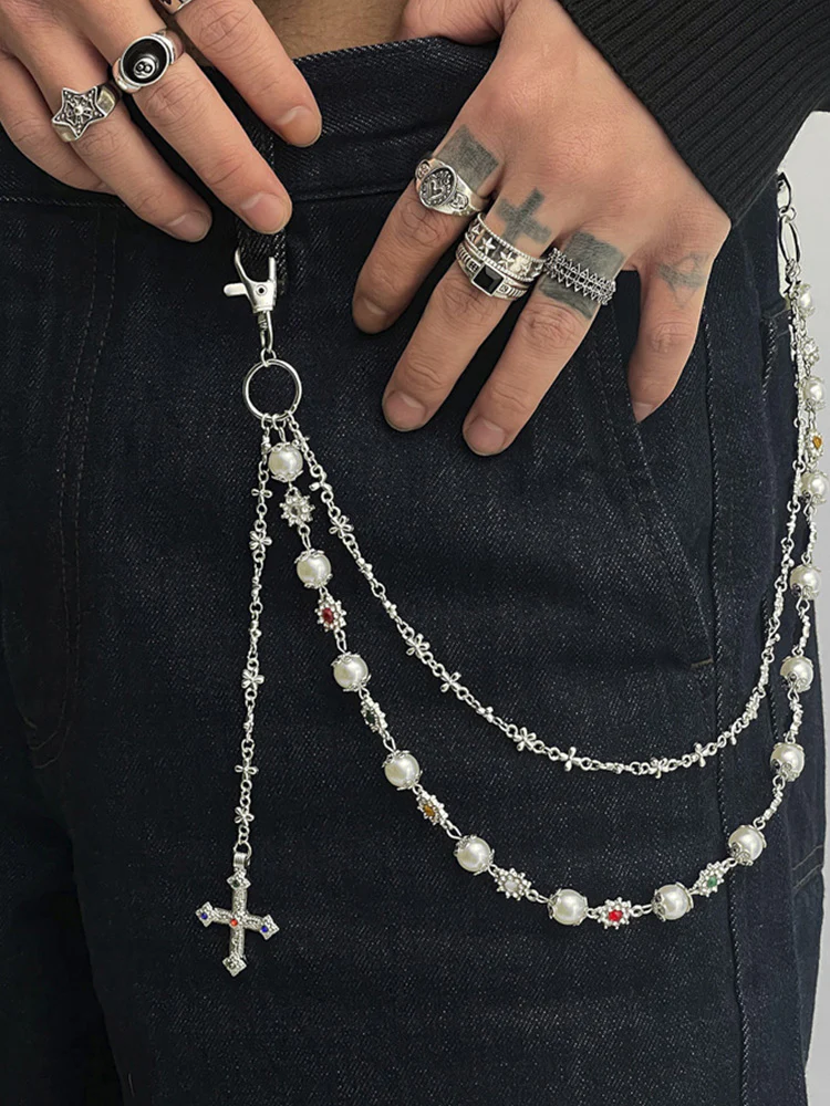 Streetwear Punk Rhinestone Cross Pendant Pants Chain - Image 2
