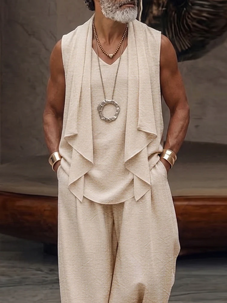 Stylish 100% Cotton Drape Front Sleeveless Top Pants Set - Image 3