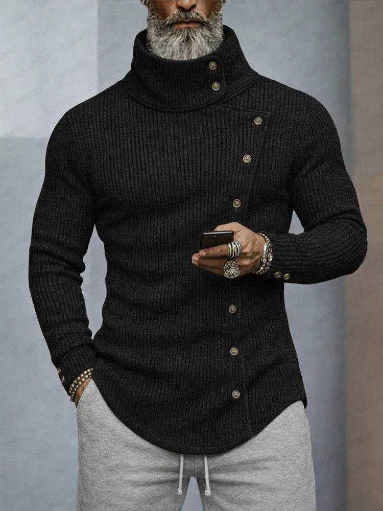 Stylish Buttons Design Knit Turtleneck Top