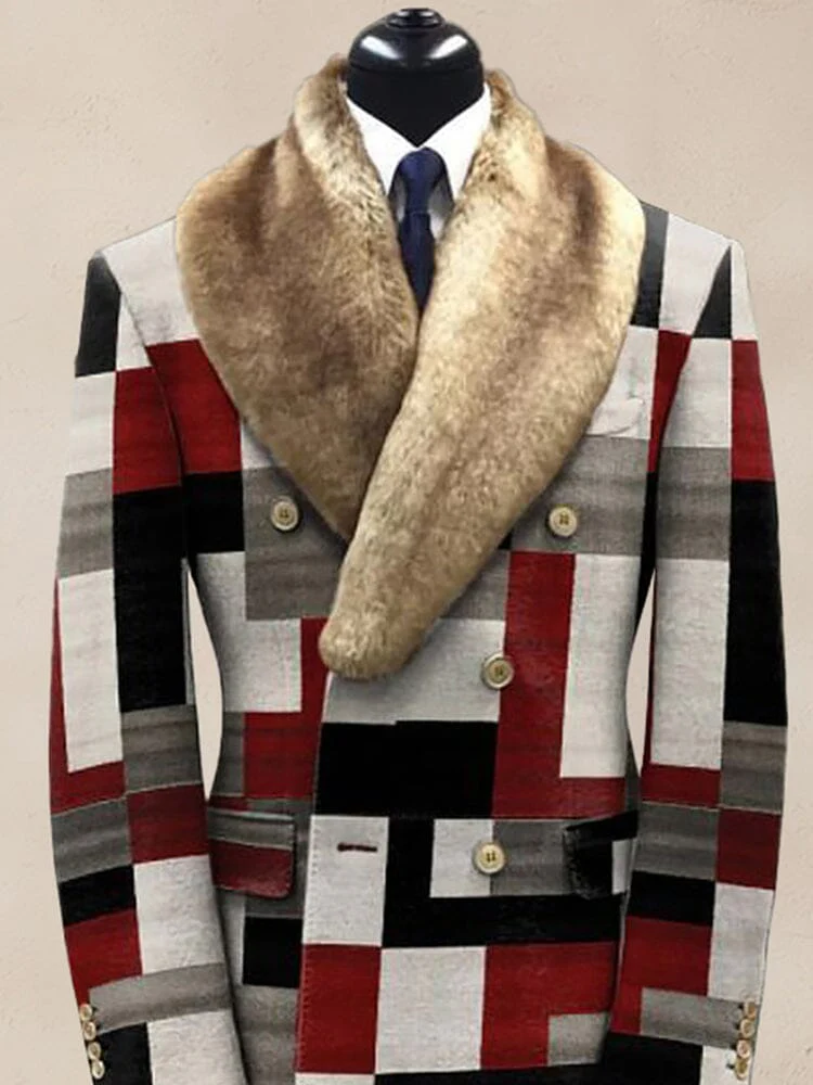 Stylish Color Block Fur Collar Coat - Image 2