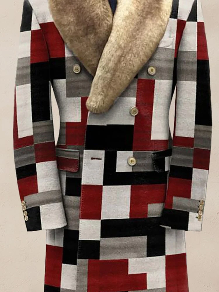 Stylish Color Block Fur Collar Coat - Image 3