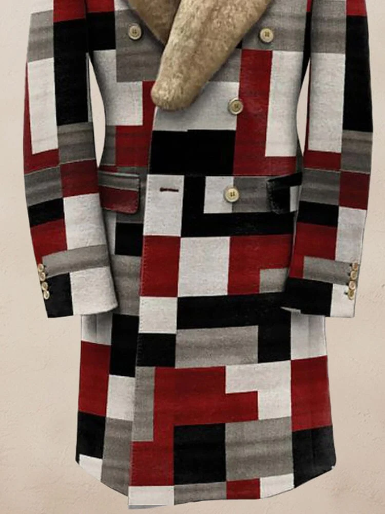 Stylish Color Block Fur Collar Coat - Image 4