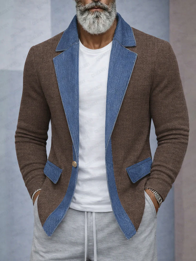 Stylish Contrast Denim Panel Knit Blazer - Image 2
