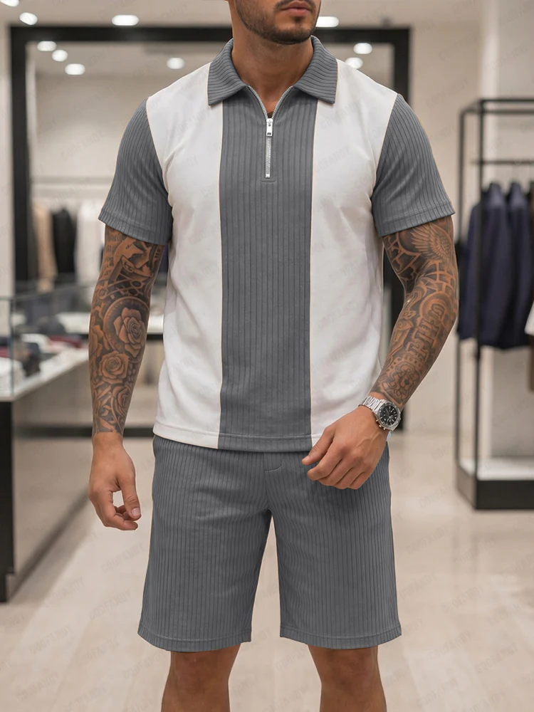 Stylish Contrast Panel Polo T-Shirt Set - Image 2