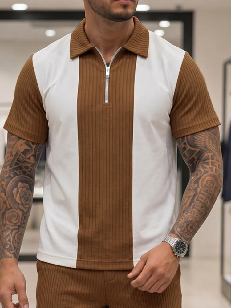Stylish Contrast Panel Polo T-Shirt Set - Image 3