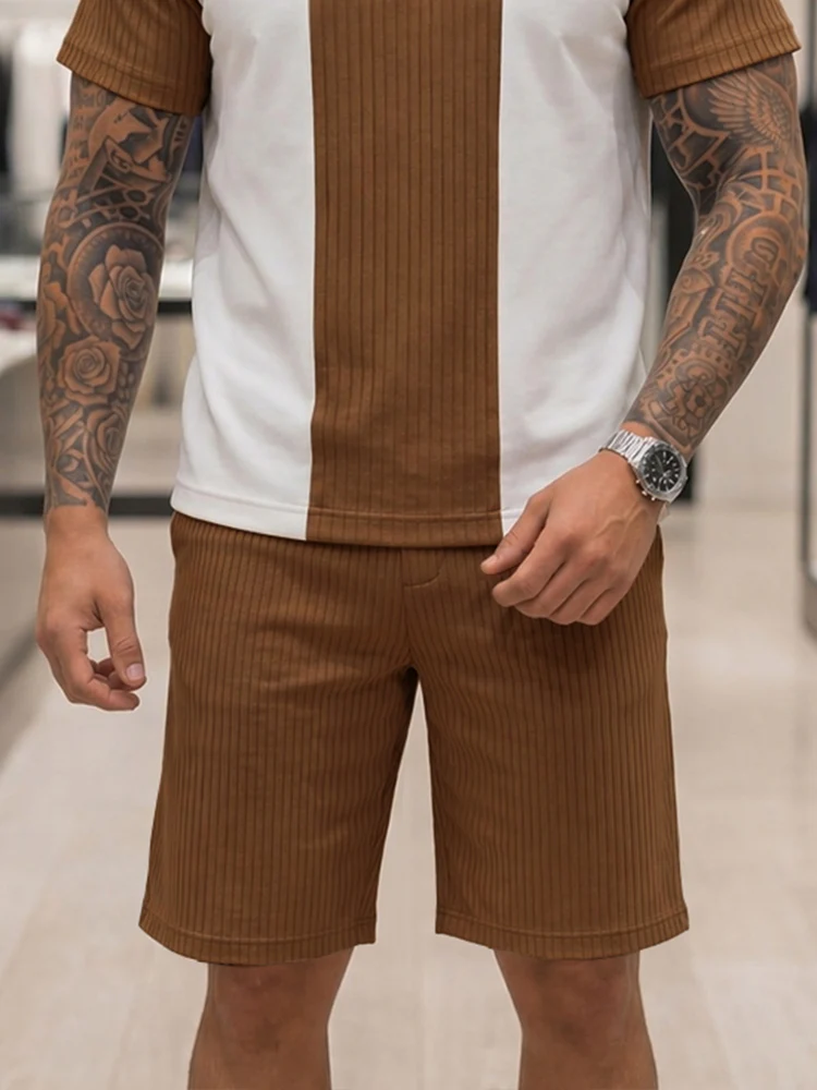 Stylish Contrast Panel Polo T-Shirt Set - Image 4
