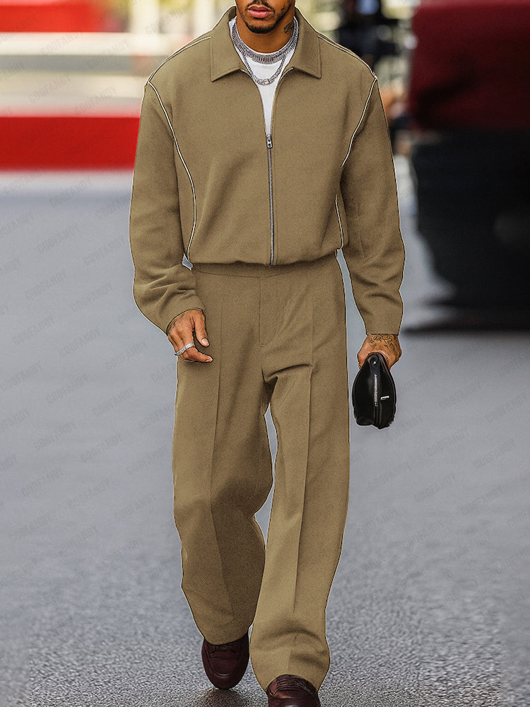 Stylish Contrast Stitch Jacket Pants Set - Image 2