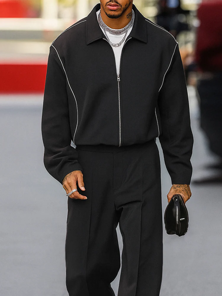 Stylish Contrast Stitch Jacket Pants Set - Image 3