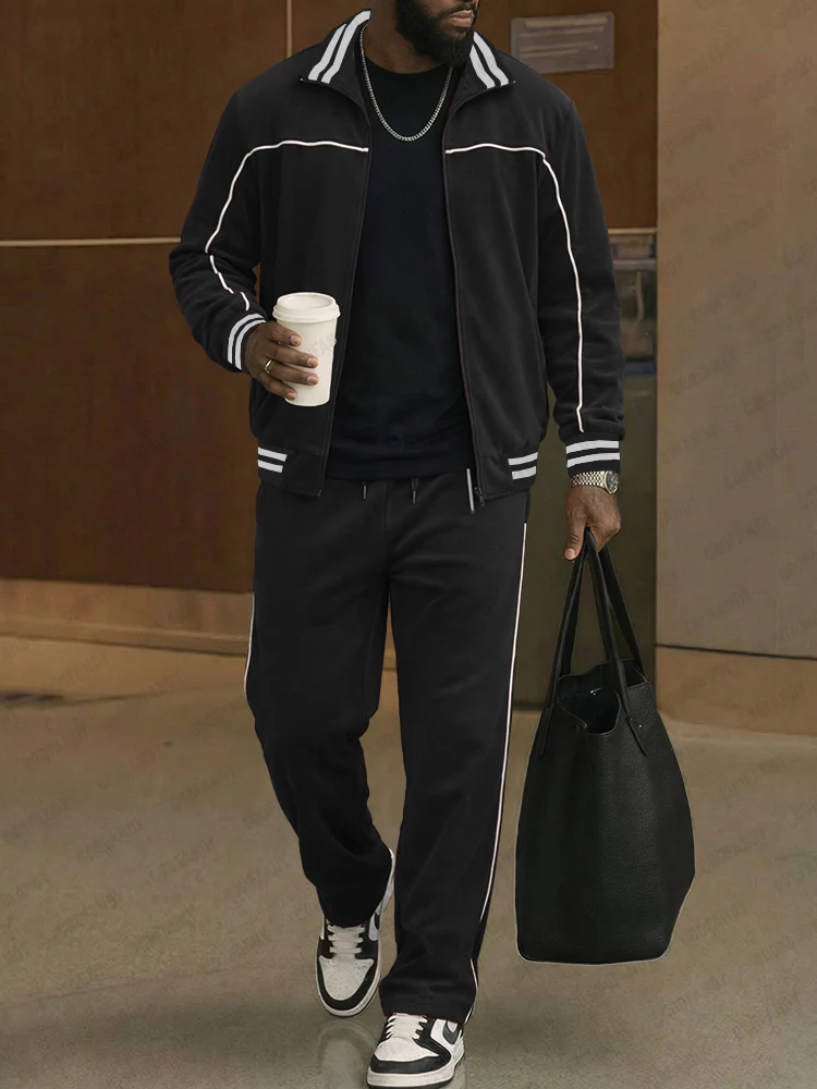 Stylish Contrast Stripe Track Jacket Pants Set - Image 2