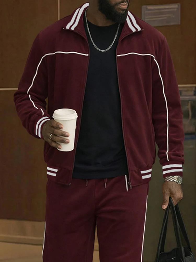 Stylish Contrast Stripe Track Jacket Pants Set - Image 3