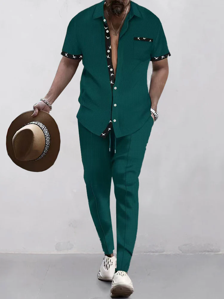 Stylish Contrast Waffle Shirt Set - Image 3