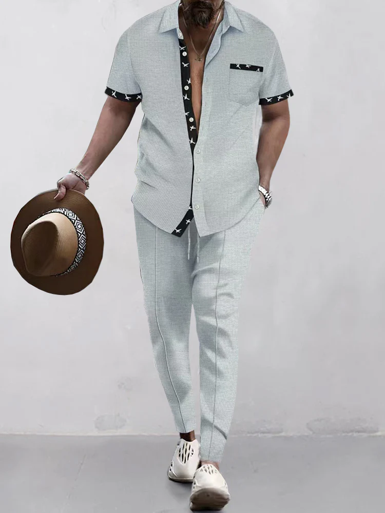 Stylish Contrast Waffle Shirt Set - Image 4