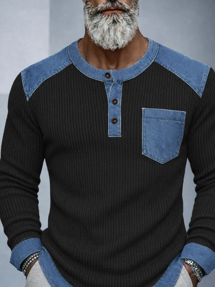Stylish Denim Patchwork Knit Henley Shirt - Image 4