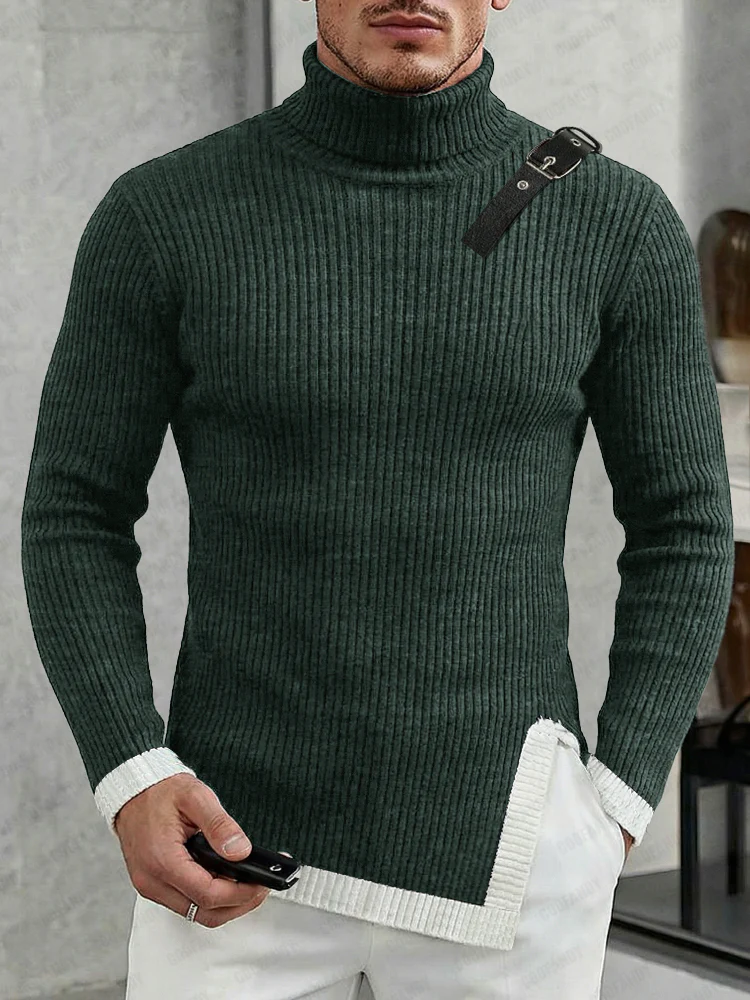 Stylish Leather Buckle Turtleneck Sweater - Image 2