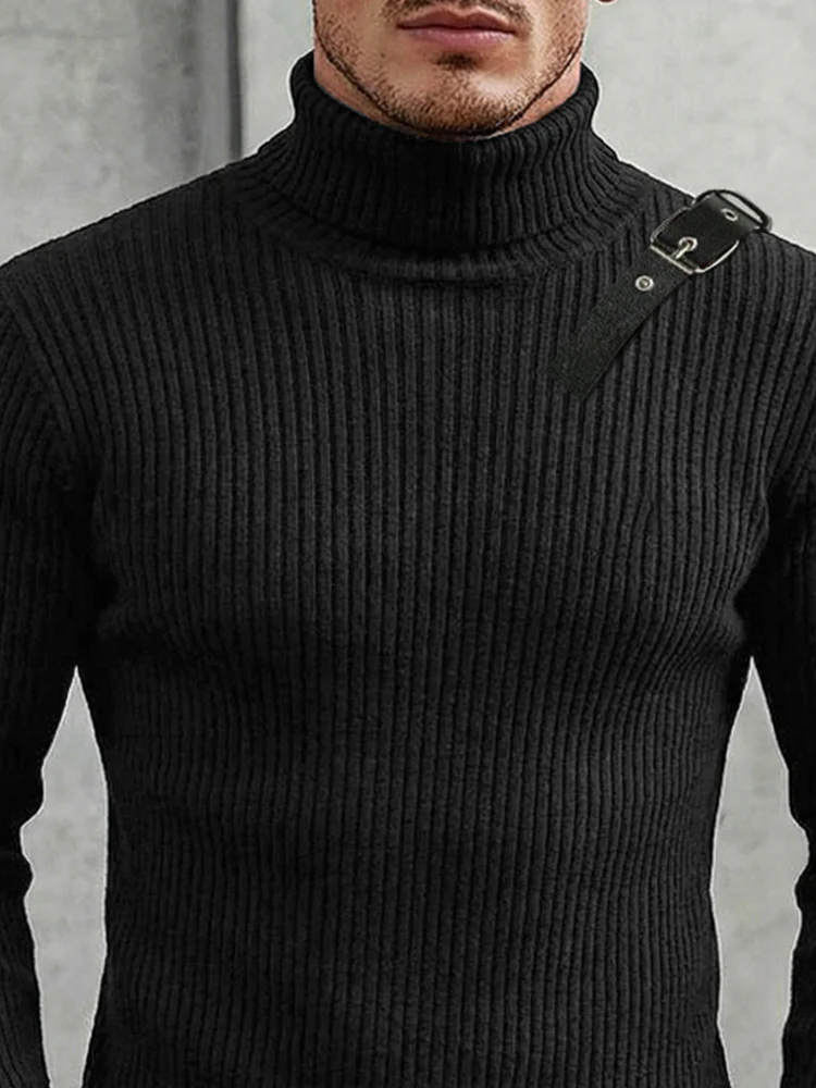 Stylish Leather Buckle Turtleneck Sweater - Image 3