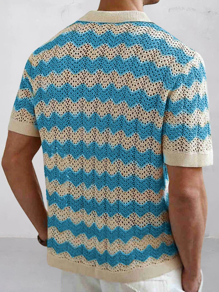 Stylish Openwork Jacquard Ripple Knit Shirt - Image 4