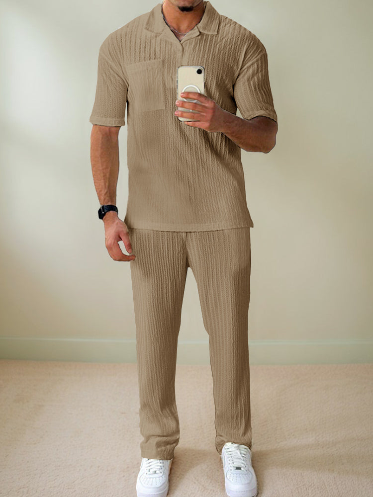 Stylish Striped Textured Polo Shirt Set - Image 2