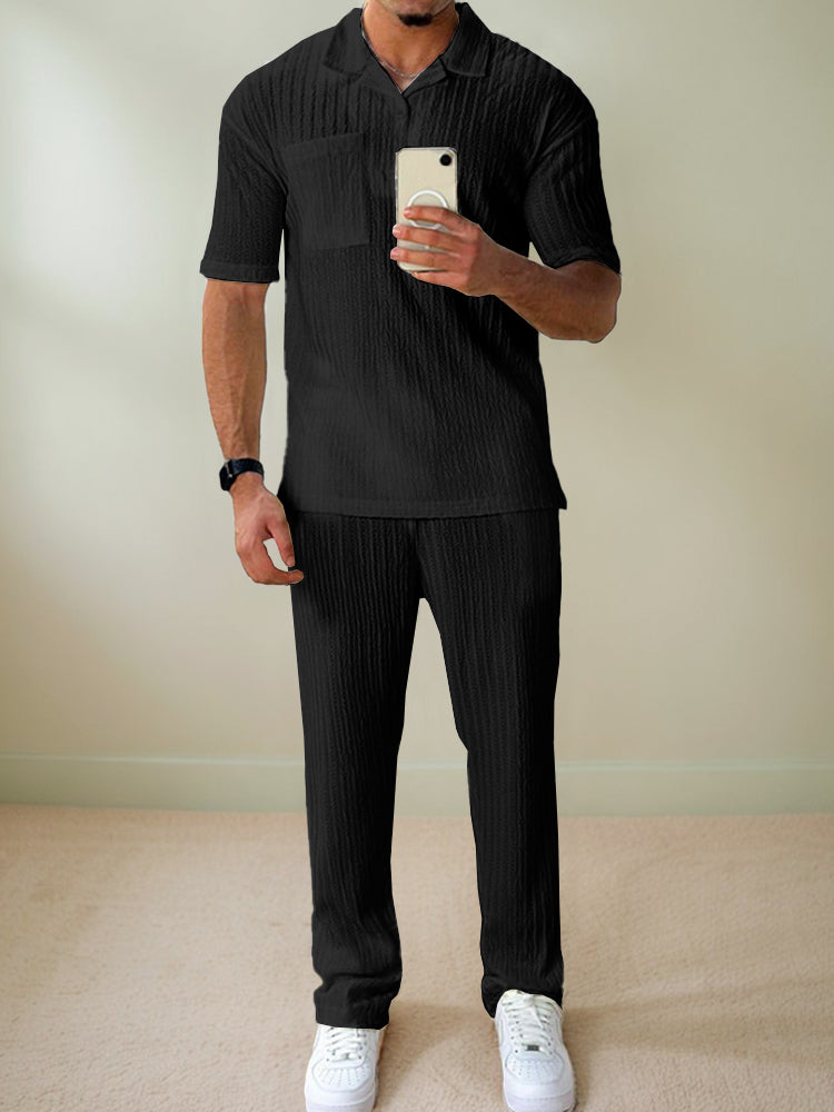Stylish Striped Textured Polo Shirt Set - Image 3