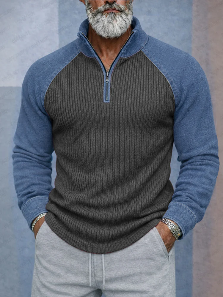 Stylish Two-Tone Denim Splicing Ribbed Knit Top - Image 2