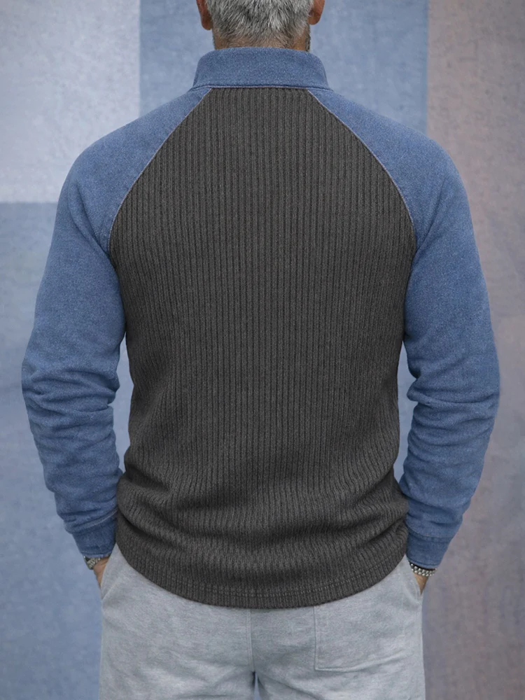 Stylish Two-Tone Denim Splicing Ribbed Knit Top - Image 3