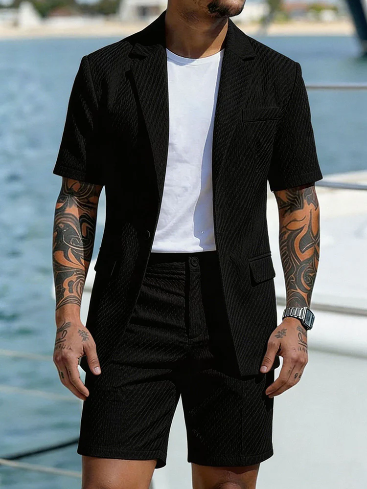 Summer Casual Textured Suit Blazer and Shorts Set - Image 2