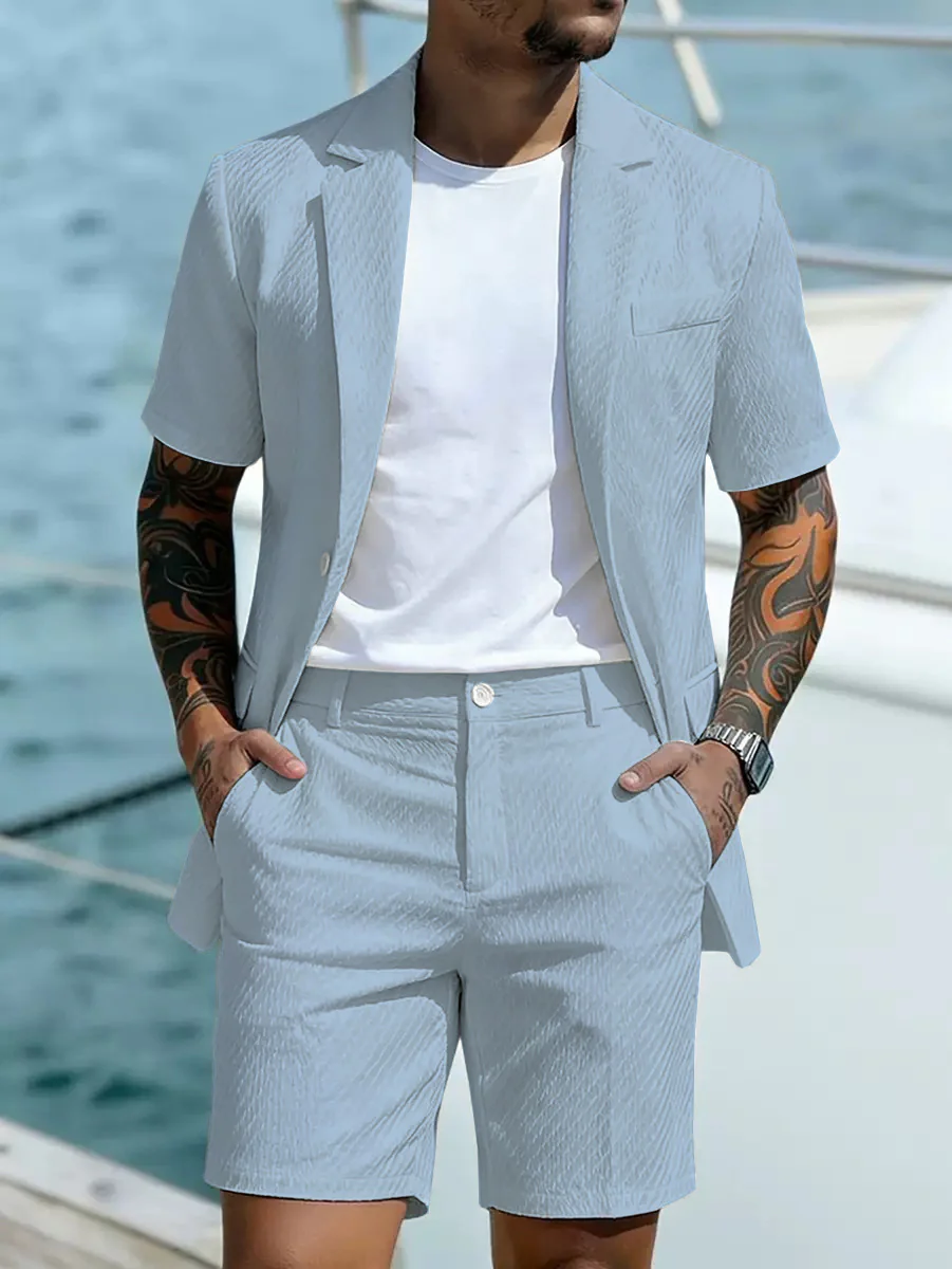 Summer Casual Textured Suit Blazer and Shorts Set - Image 3