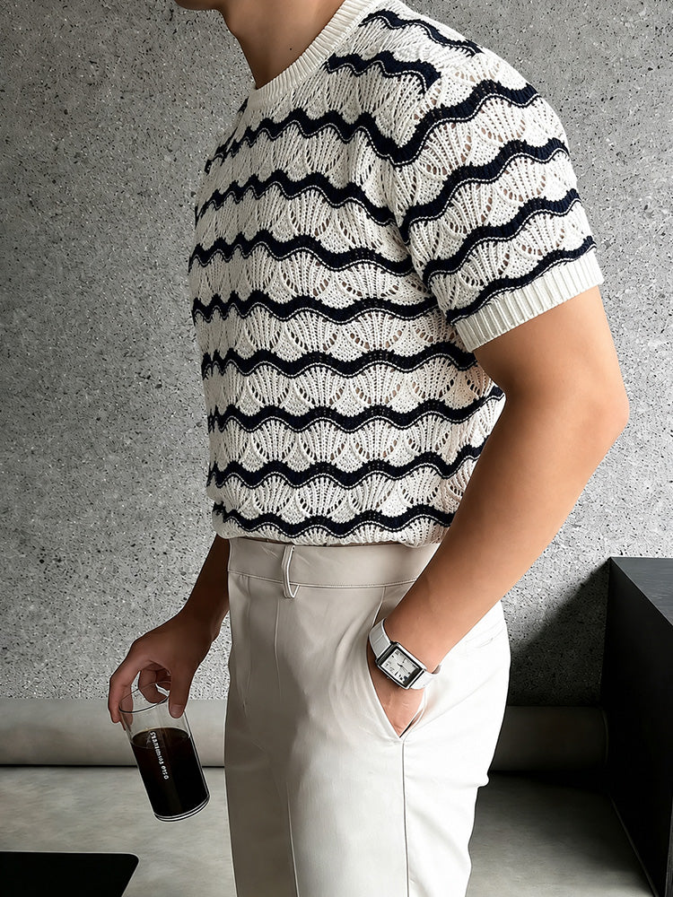 Sweater Wavy Scalloped Openwork Crew Neck Top - Image 5