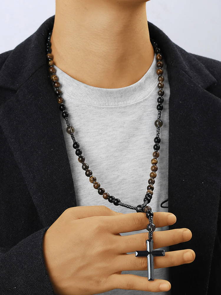 Tiger Beaded Cross Pendant Necklace - Image 2