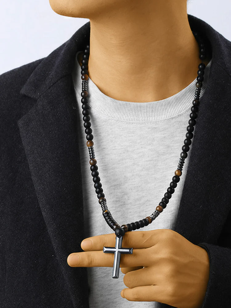 Tiger Beaded Cross Pendant Necklace - Image 3