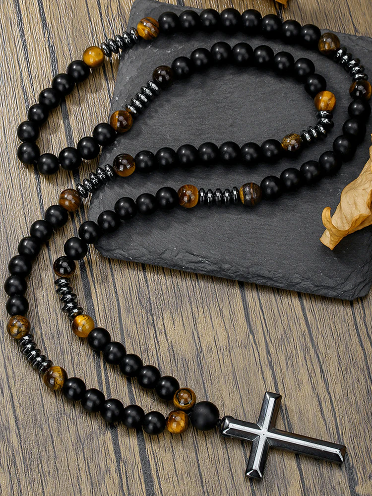 Tiger Beaded Cross Pendant Necklace - Image 4