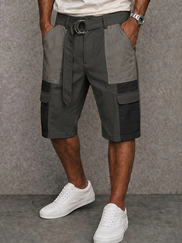 Trendy 100% Cotton Colorblock Belted Cargo Shorts - Image 2