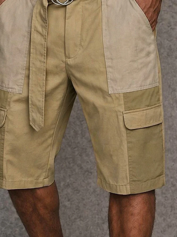 Trendy 100% Cotton Colorblock Belted Cargo Shorts - Image 4