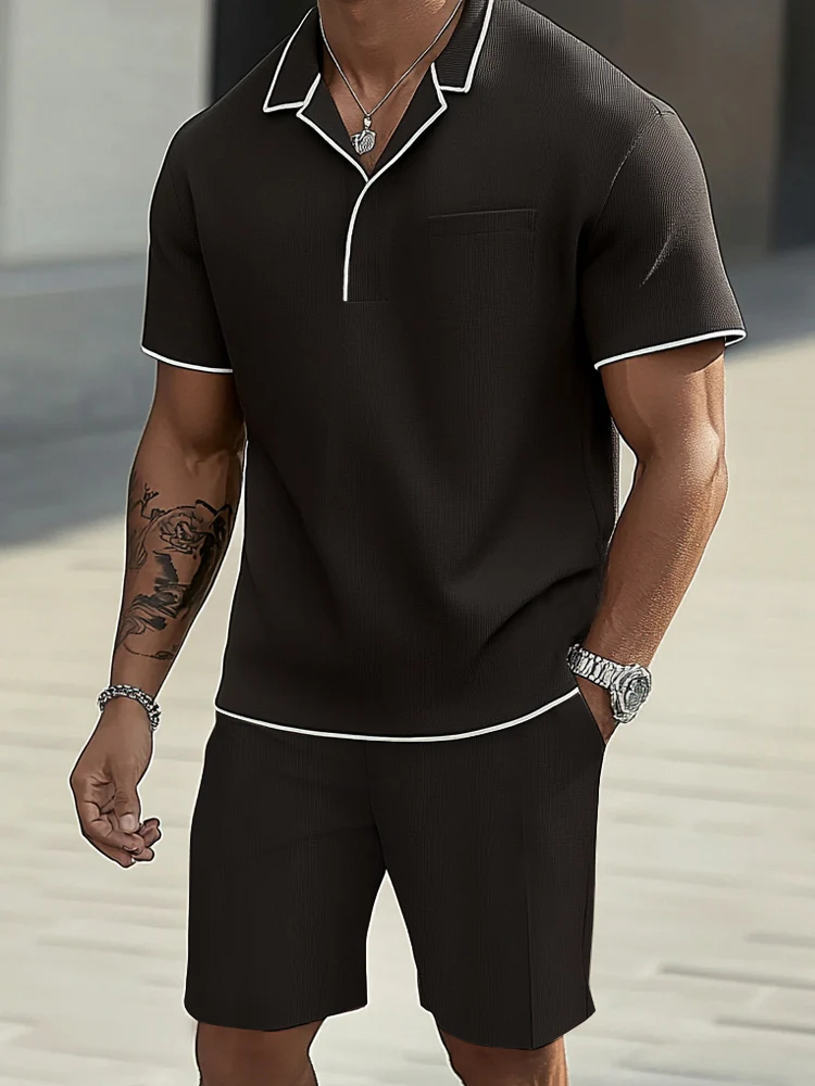 Trendy Contrast Trim Polo Shirt Set - Image 2