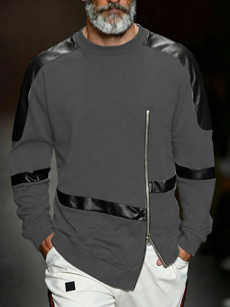 Trendy Gothic Leather Panel Zipped Sweatshirt - Image 2