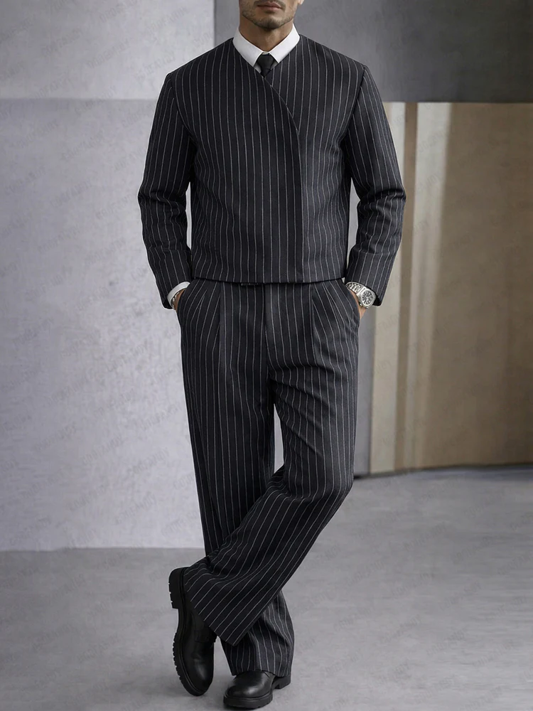 Trendy Pinstripe Cross Placket Jacket Pants Set - Image 2