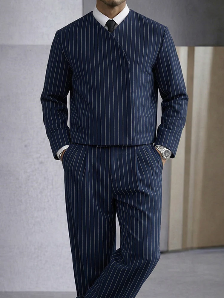 Trendy Pinstripe Cross Placket Jacket Pants Set - Image 3