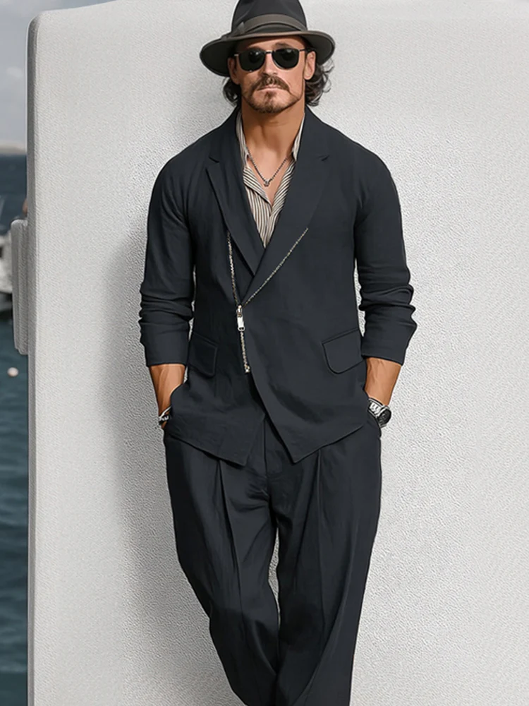 Trendy Zipper Closure Cotton Suit Set - Image 3