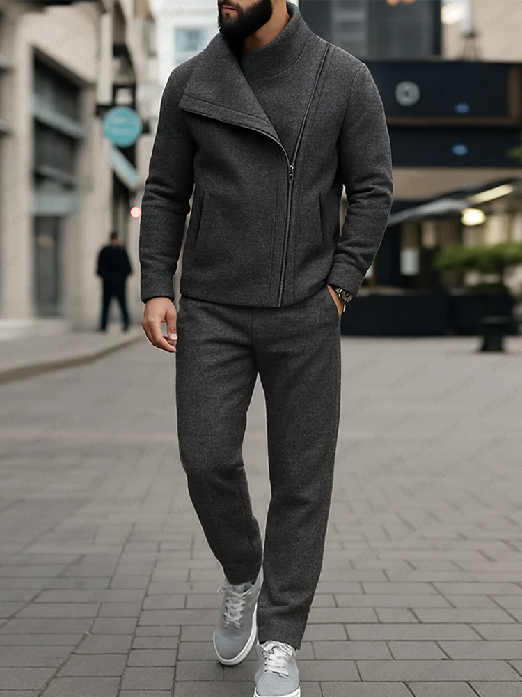 Unique Diagonal Zipper Jacket Pants Set - Image 2