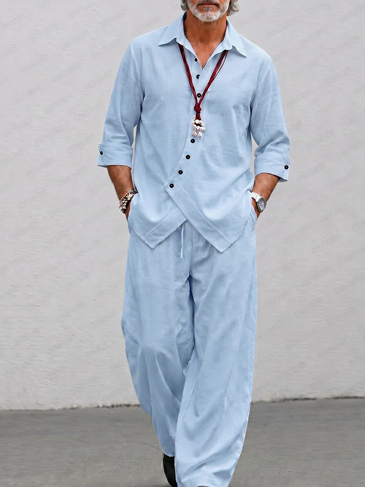 Unique Irregular Placket Shirt Pants Set - Image 2