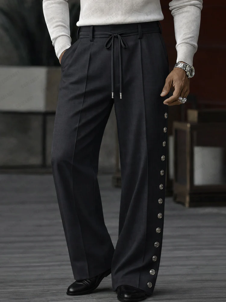 Unique Side Button Accents Drawstring Pants - Image 2