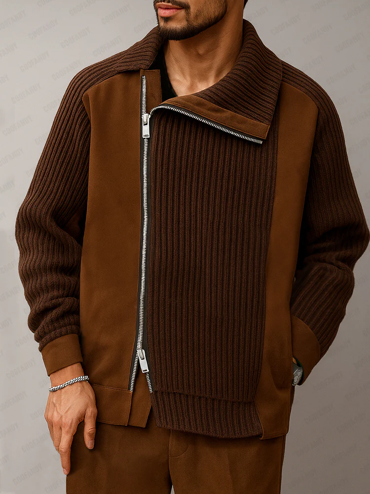 Unique Suede Paneled Zip-Up Knit Jacket