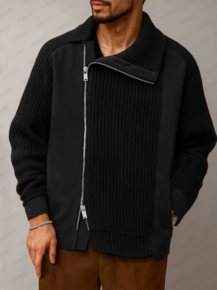 Unique Suede Paneled Zip-Up Knit Jacket - Image 2