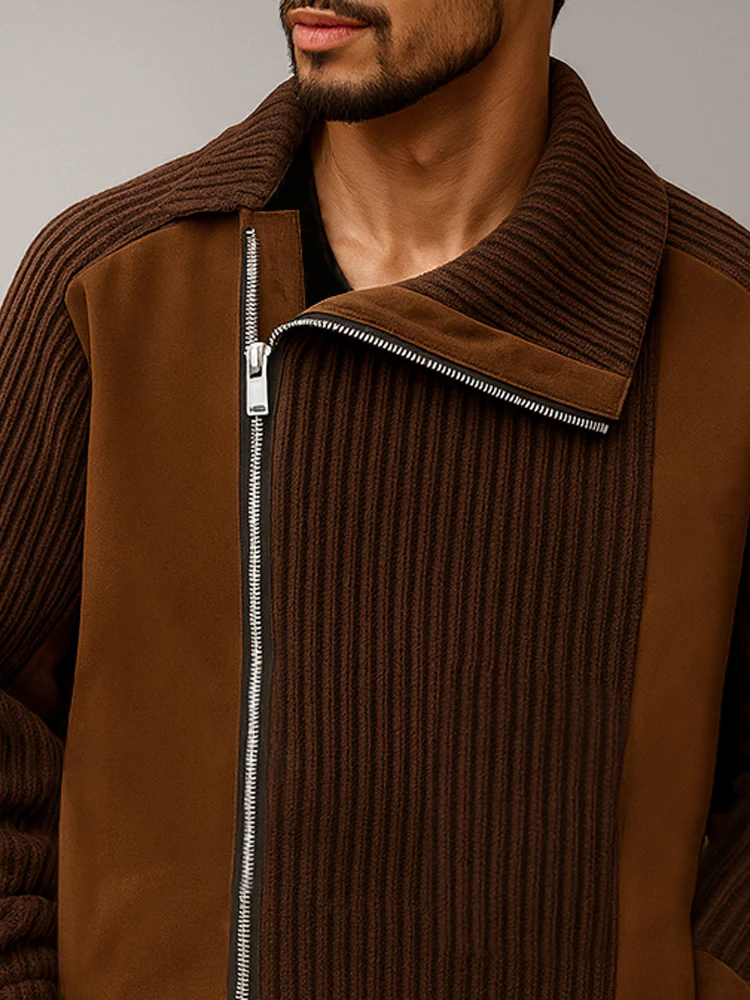 Unique Suede Paneled Zip-Up Knit Jacket - Image 3