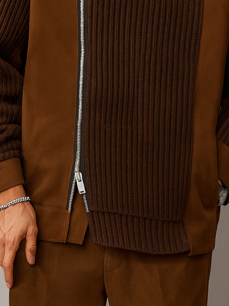 Unique Suede Paneled Zip-Up Knit Jacket - Image 4