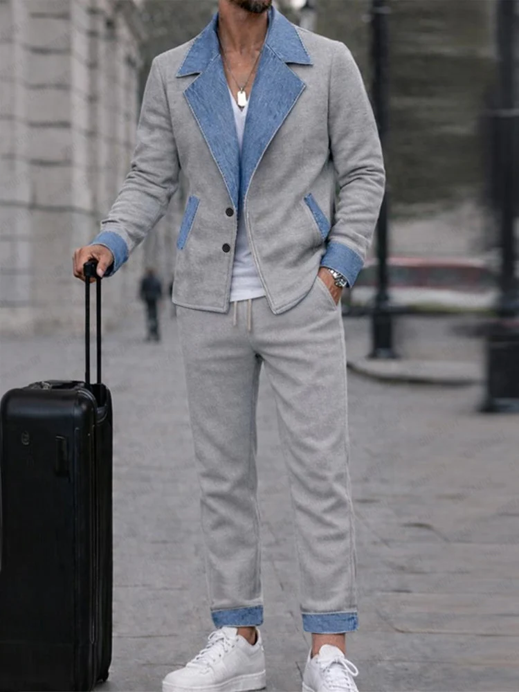Urban Casual Denim Patchwork Jacket Pants Set