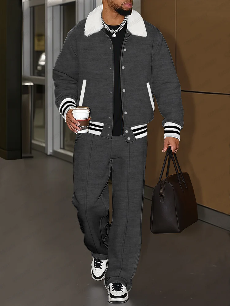 Urban Casual Plush Trim Jacket Pants Set - Image 3